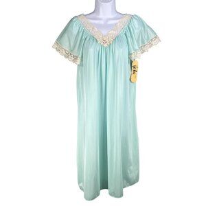 Vintage Val Mode NWT Womens S Silky Teal Nightgown Lace Trim Clean Girl USA Made